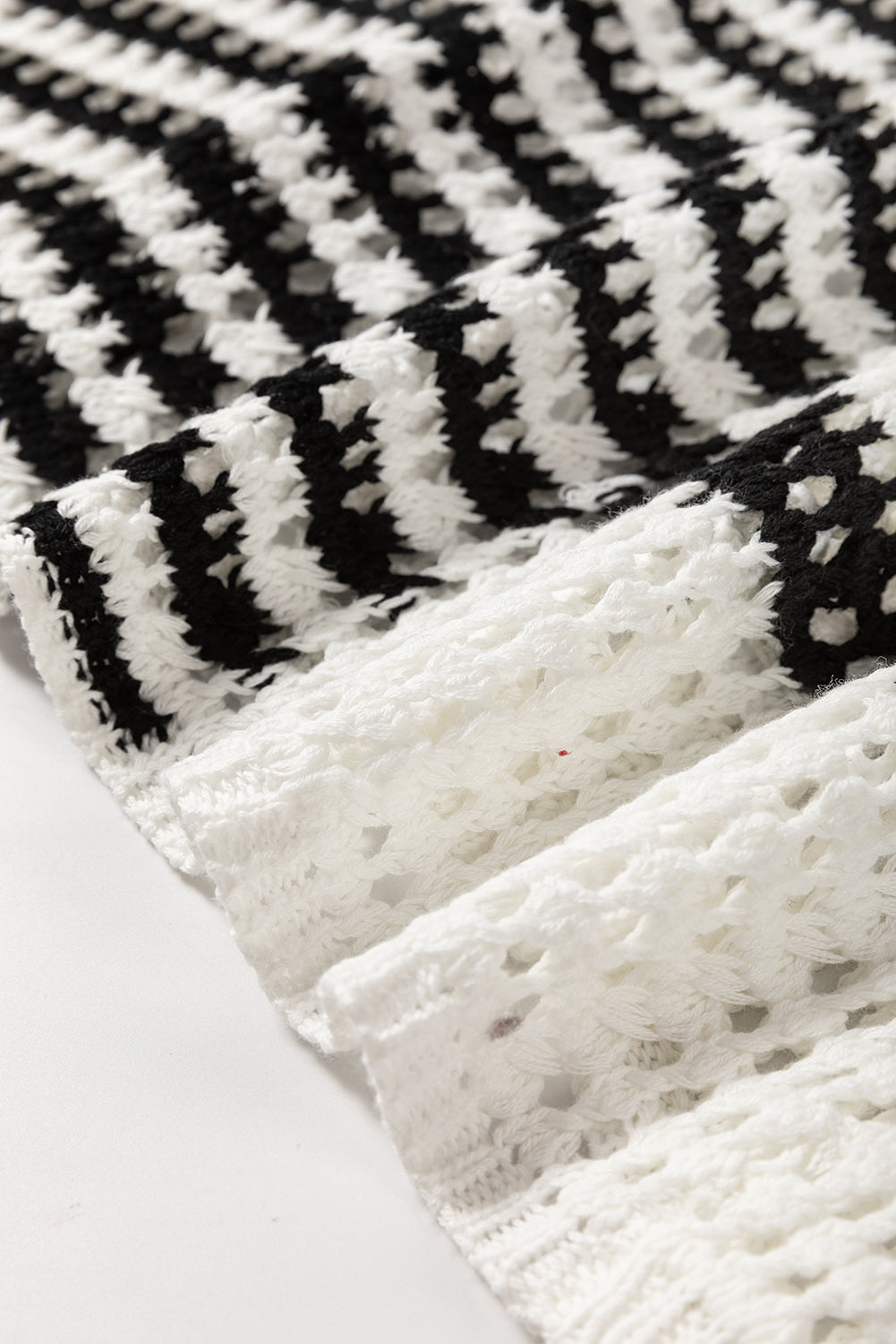White Black Stripe Open Knit Puff Sleeve Sweater