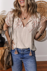 Light Sand Geometric Embroidered Short Dolman Sleeve Tassel Tied V-Neck Blouse