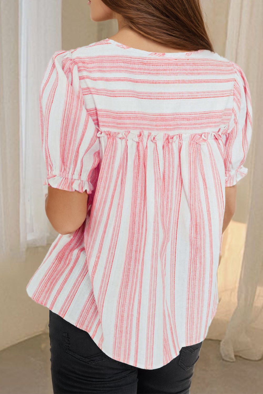Plus Size Salmon Stripe Tassel Tie Split V-Neck Short Sleeve Blouse
