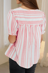 Plus Size Salmon Stripe Tassel Tie Split V-Neck Short Sleeve Blouse