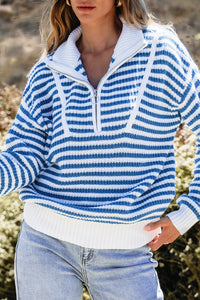 Bright Blue & White Stripe 1/4 Zip Mock Collar Knit Sweater
