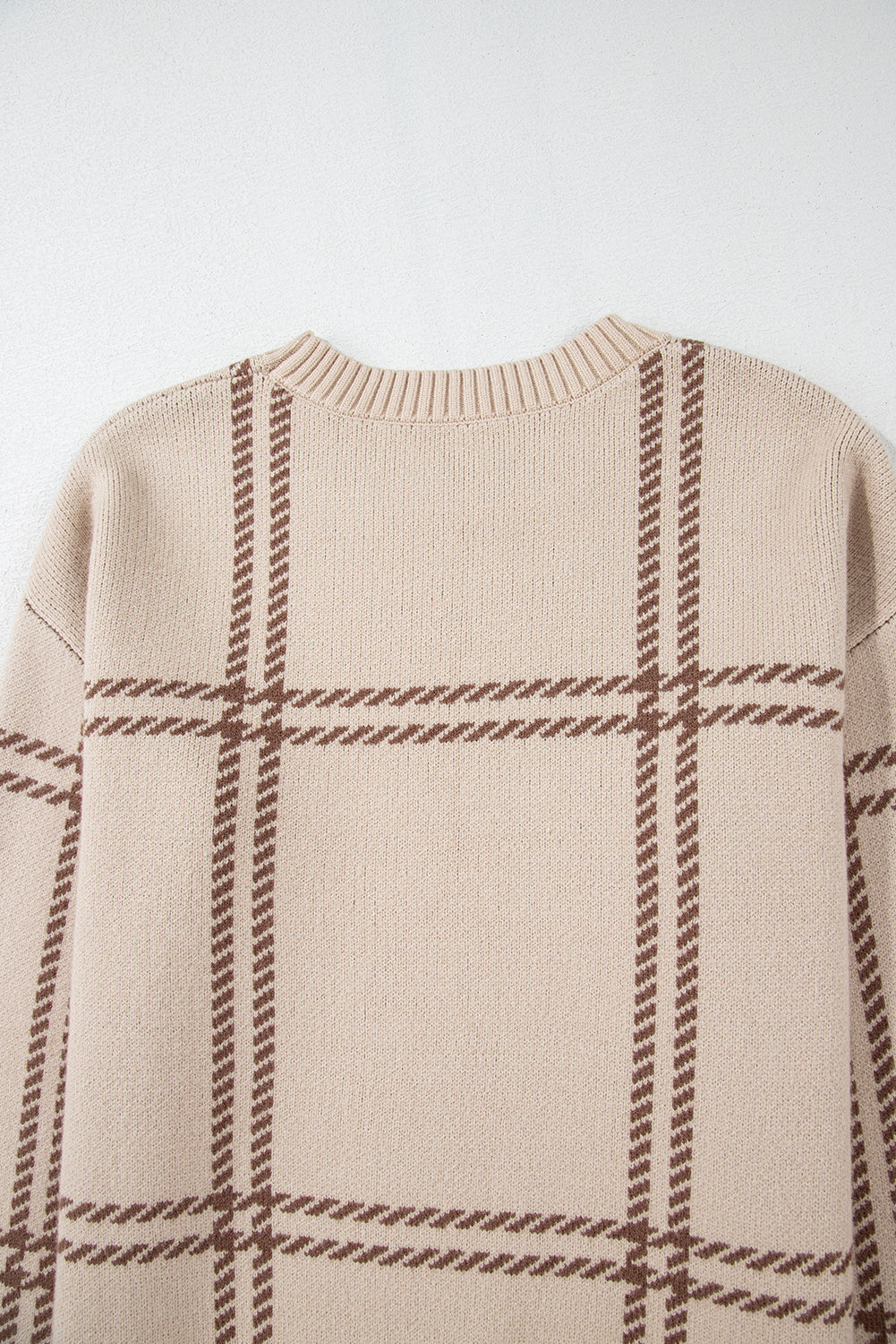 Beige Window Pane Plaid Drop Shoulder Knit Sweater