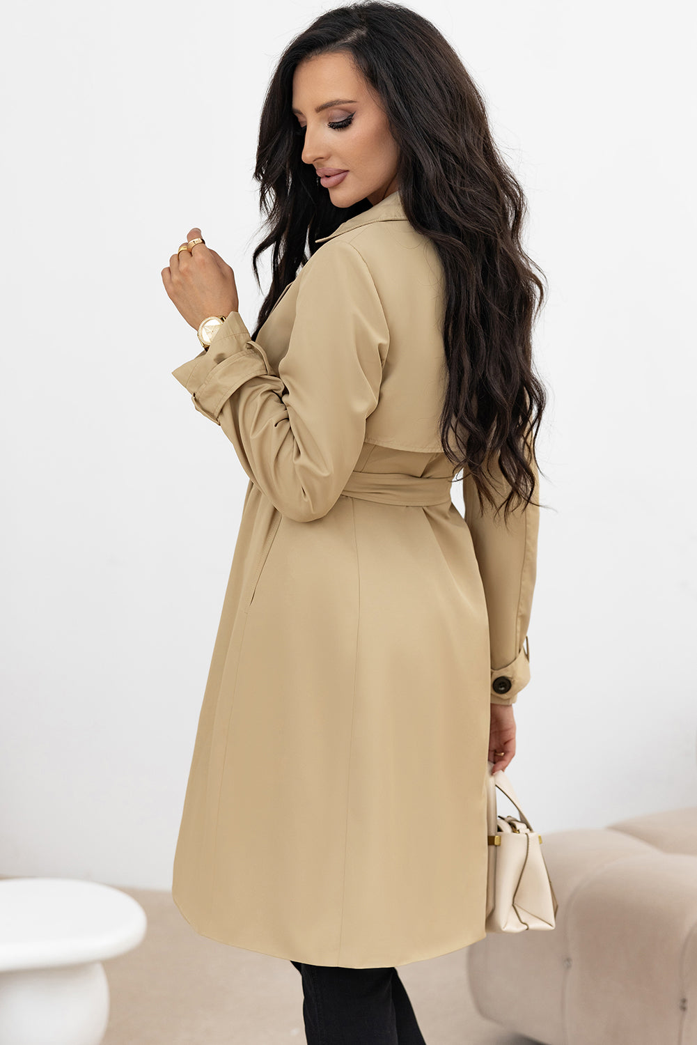 Light Khaki Lapel Collar Trench Coat