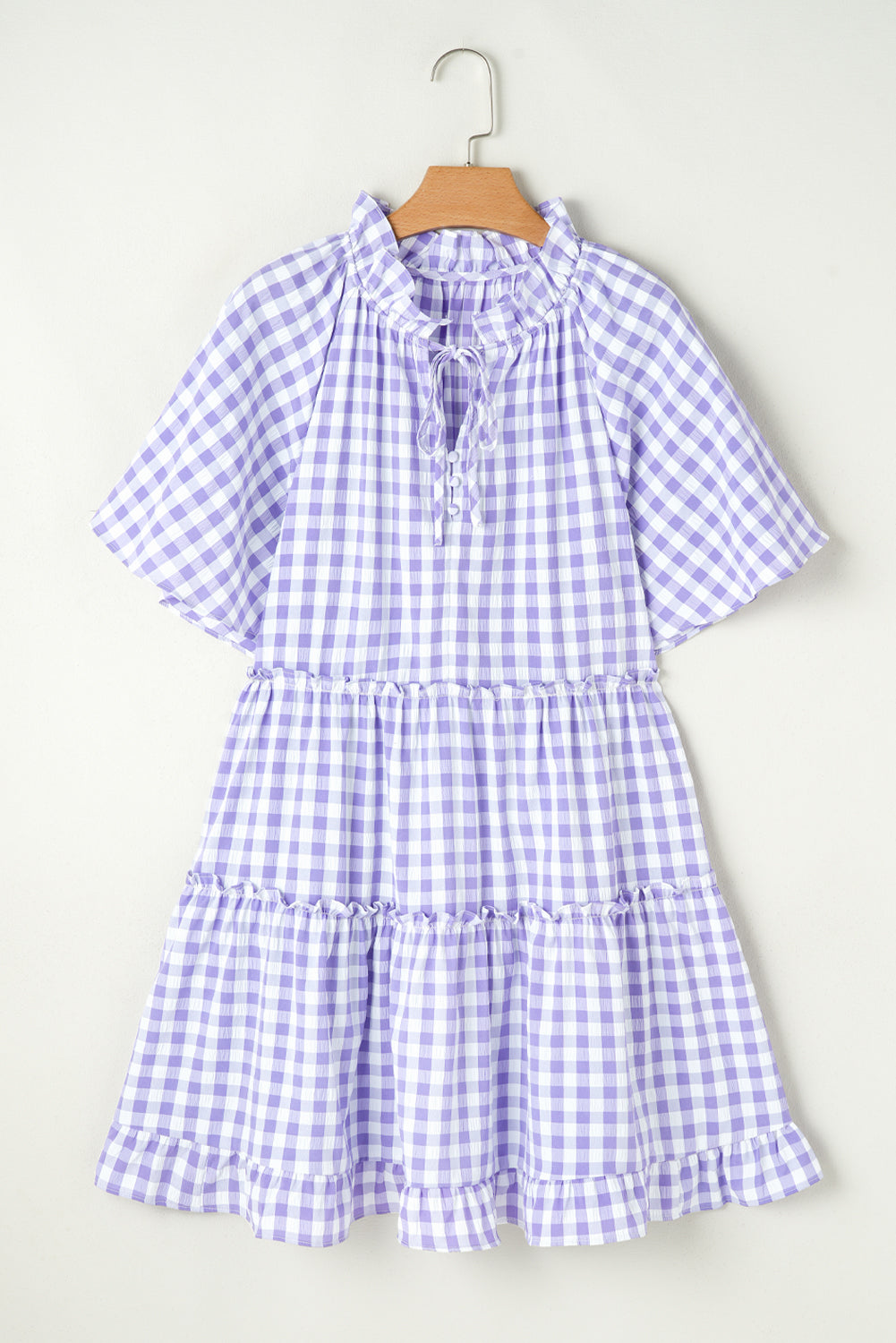 Lavender Plaid Ruffle Flared Sleeve Babydoll Mini Dress
