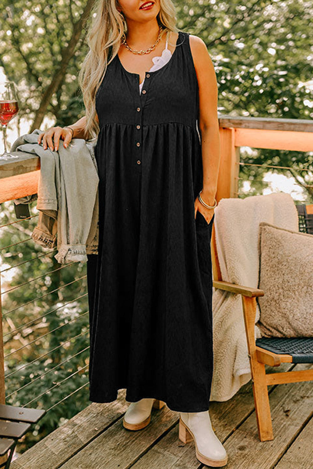 Black Plus Size Textured Sleeveless Button Front Wide Leg Jumpsuit