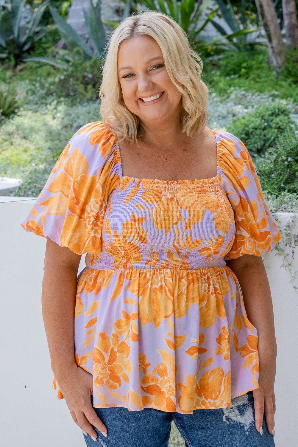 Purple and Orange Floral Puff Sleeve Square Neck Smocked Plus Size Babydoll Blouse