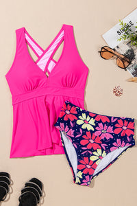 Bright Pink V-Neck Babydoll Tankini Floral Bottom 2-Piece Swimsuit
