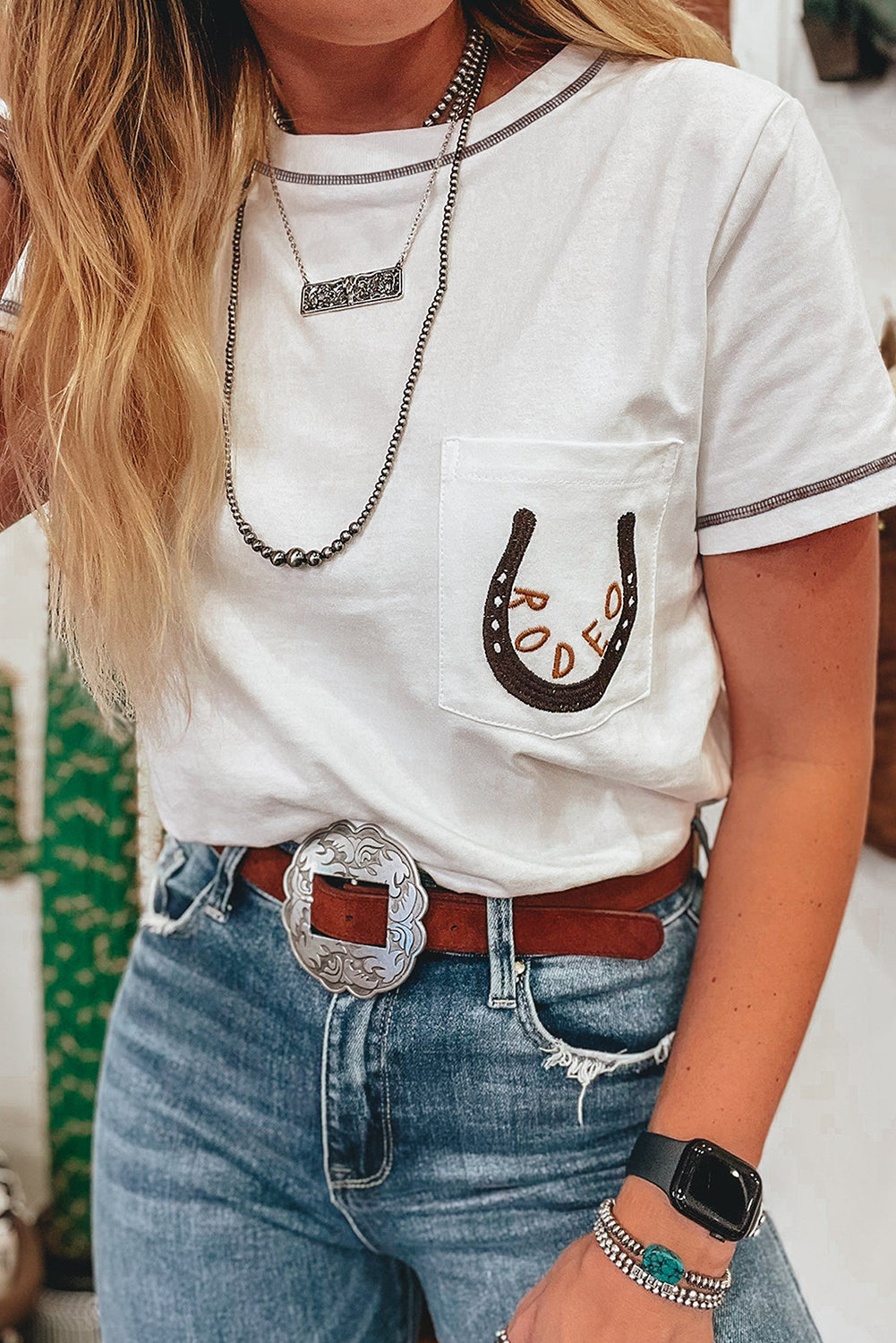 White RODEO Horseshoe Embroidered Chest Pocket Tee