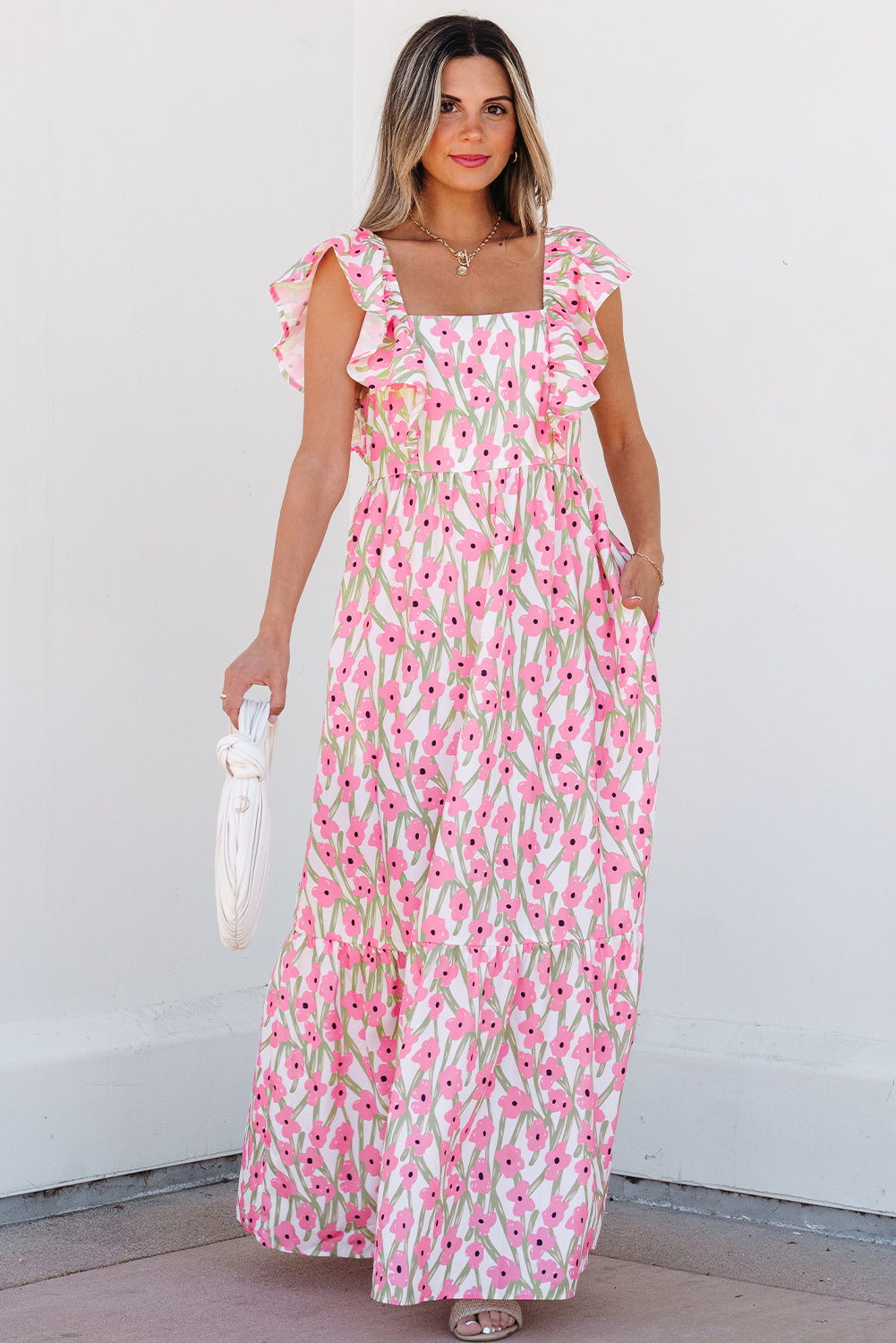 Pink Floral Print Square Neck Ruffled Maxi Sun Dress