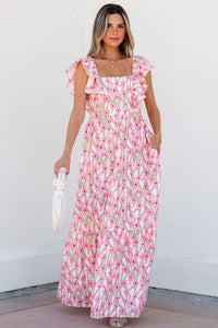 Pink Floral Print Square Neck Ruffled Maxi Sun Dress