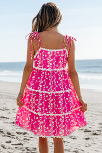 Bright Pink Floral Scalloped Trim Tiered Mini Dress