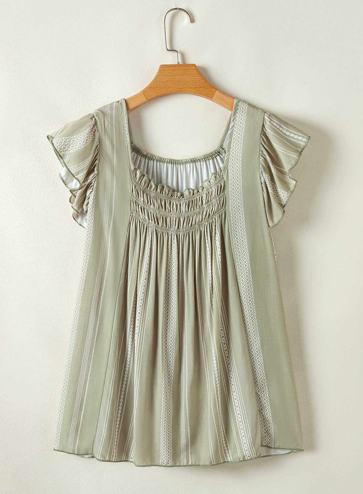 Sage Green Ruffled Cap Sleeve Smocked Round Neck Flowy Top