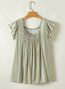 Sage Green Ruffled Cap Sleeve Smocked Round Neck Flowy Top