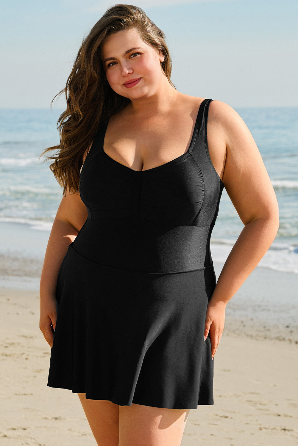 Black Plus Size Ruffled Sweetheart Neckline One-Piece Swim Dress