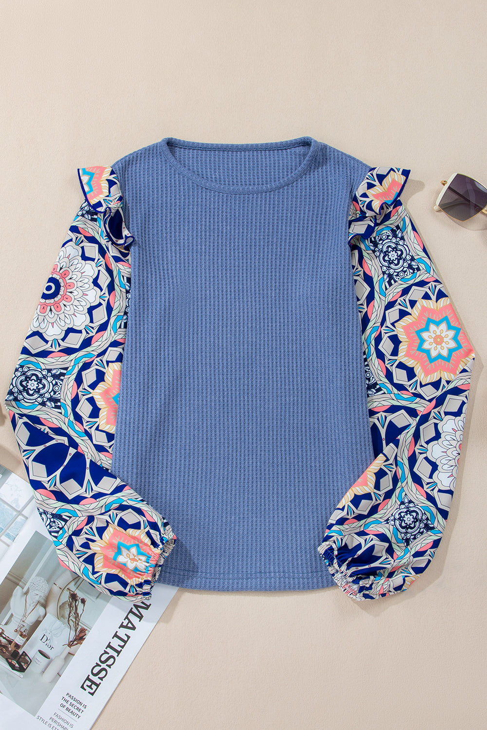 Medium Blue Ruffled Floral Sleeve Waffle Knit Round Neck Shirt