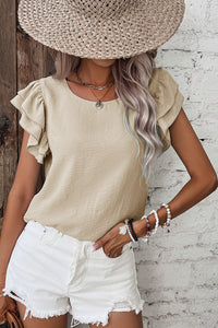 Beige Ruffled Cap Sleeve Textured Blouse