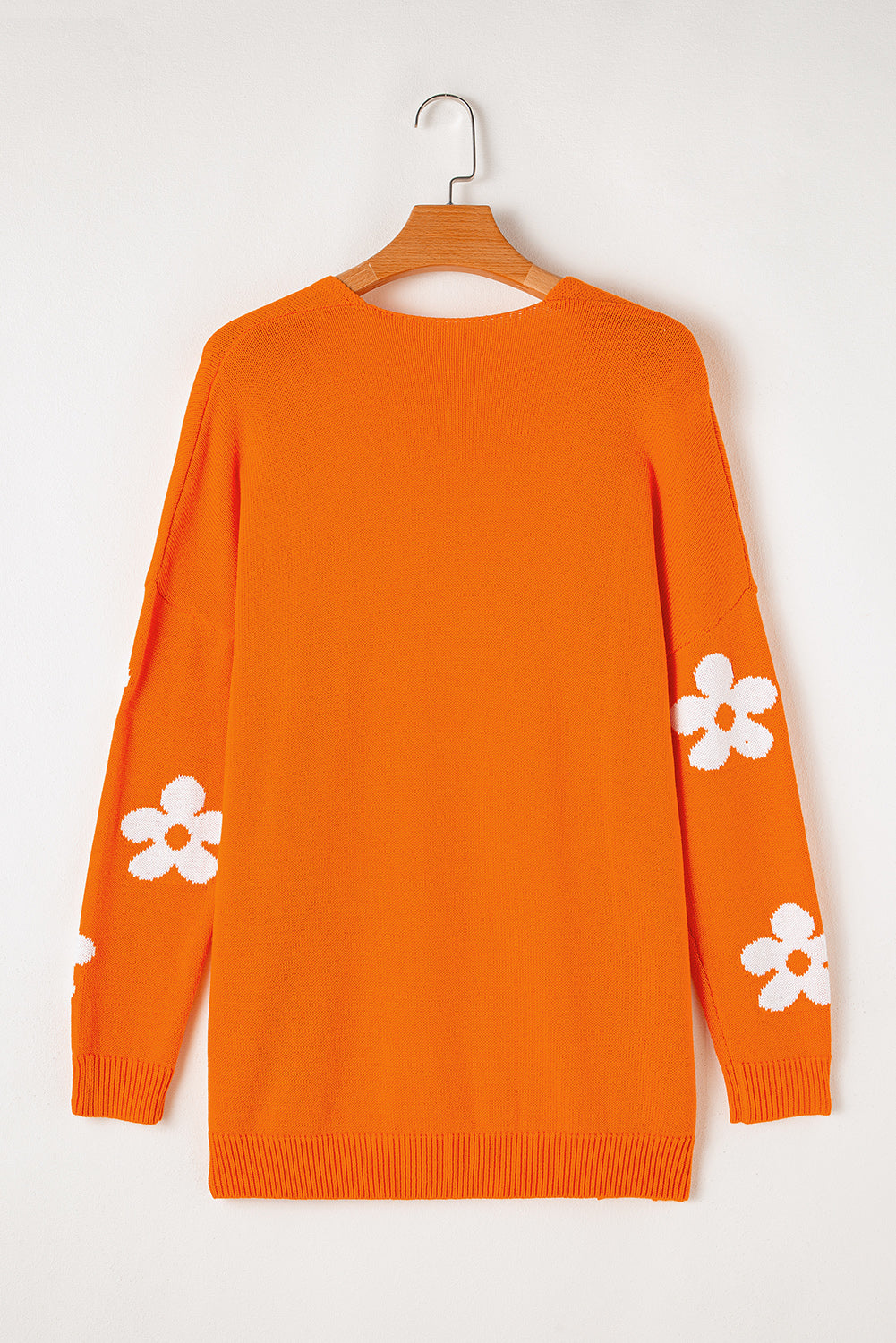 Orange Floral Print Open Front Loose Knit Lightweight  Cardigan Sweater