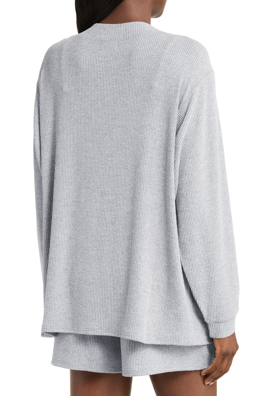 Light Grey 3-Piece Ribbed Knit Crop Camisole Matching Shorts and Cardigan Lounge Set