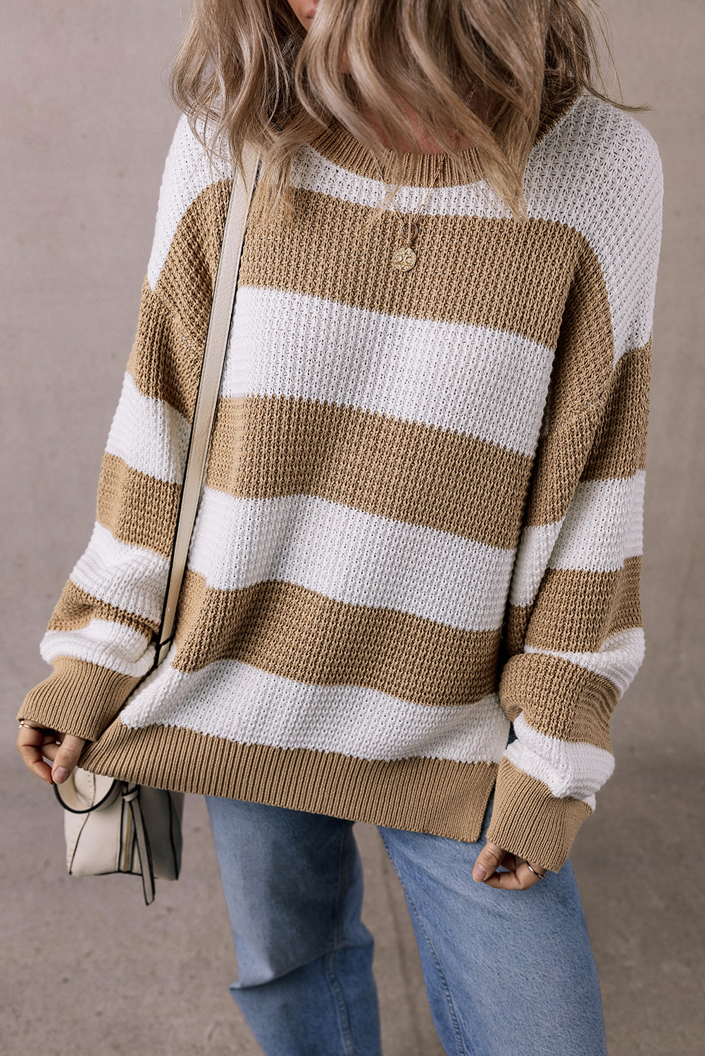 Light Beige Striped Drop Shoulder Side Slit Cable Knit Sweater