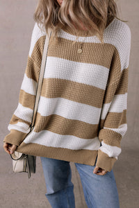 Light Beige Striped Drop Shoulder Side Slit Cable Knit Sweater