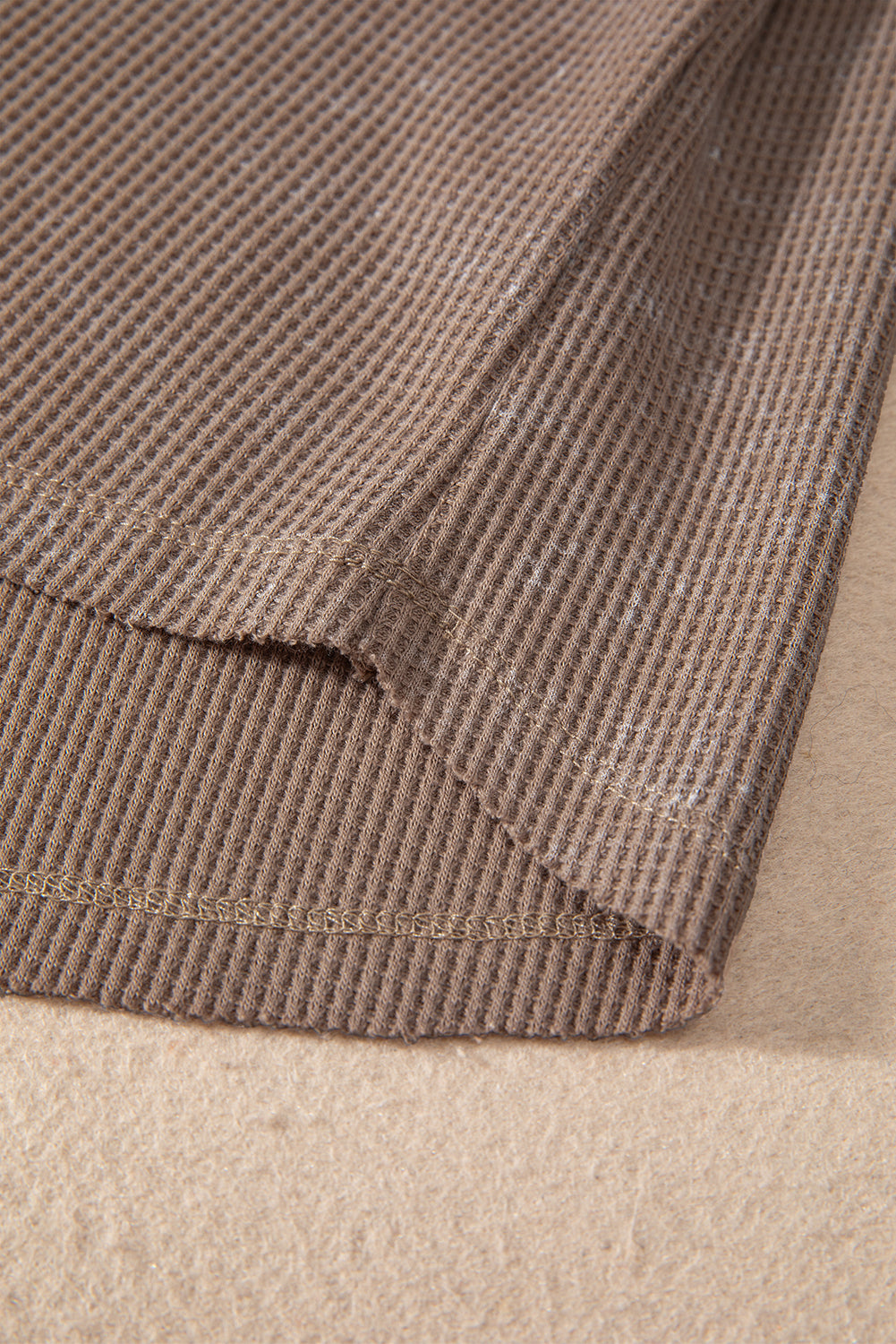 Light Brown Waffle Knit Distressed Long Sleeve Henley