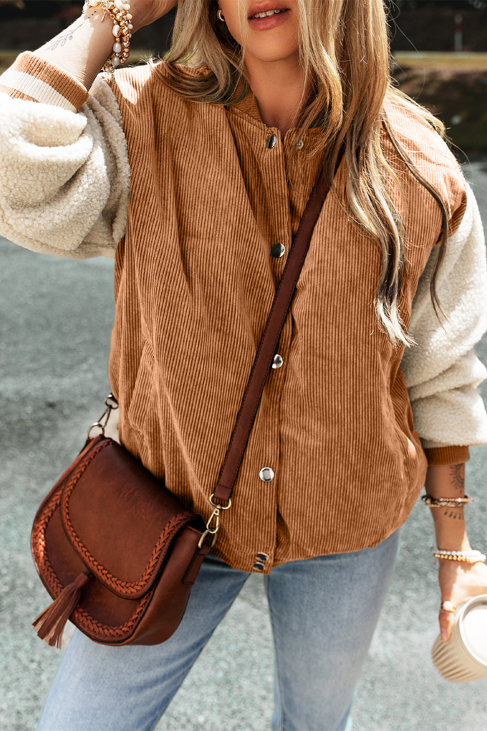 Tan & Cream Corduroy Fleece Button Up Varsity Jacket