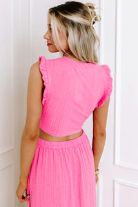 Pink Textured Ruffle Crop Top and Long Skirt Two Piece Set
