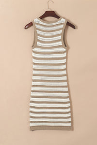 Khaki Stripe Sleeveless Open Knit Sweater Dress