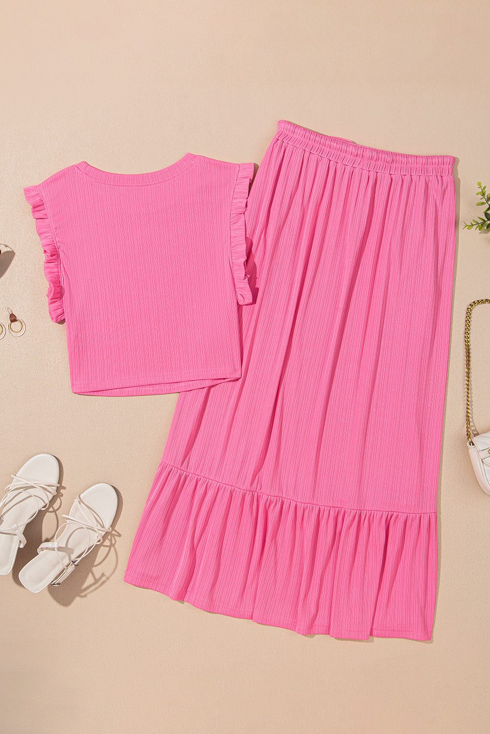 Pink Textured Ruffle Crop Top and Long Skirt Two Piece Set