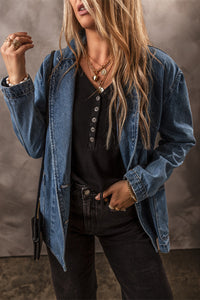 Medium Wash Side Pockets Lapel Collar 2-Button Denim Jacket