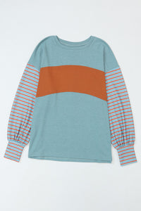 Teal and Rust Stripe Long Sleeve Color Block Shirt