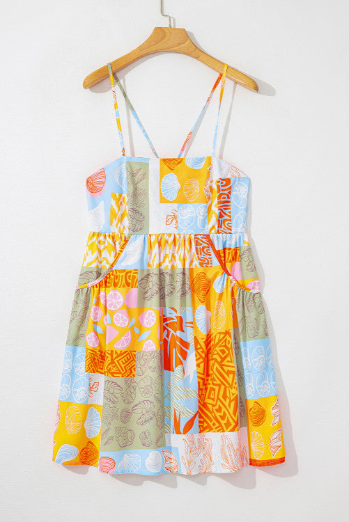 Orange Summer Life  Patchwork Print Tie Strap Sundress
