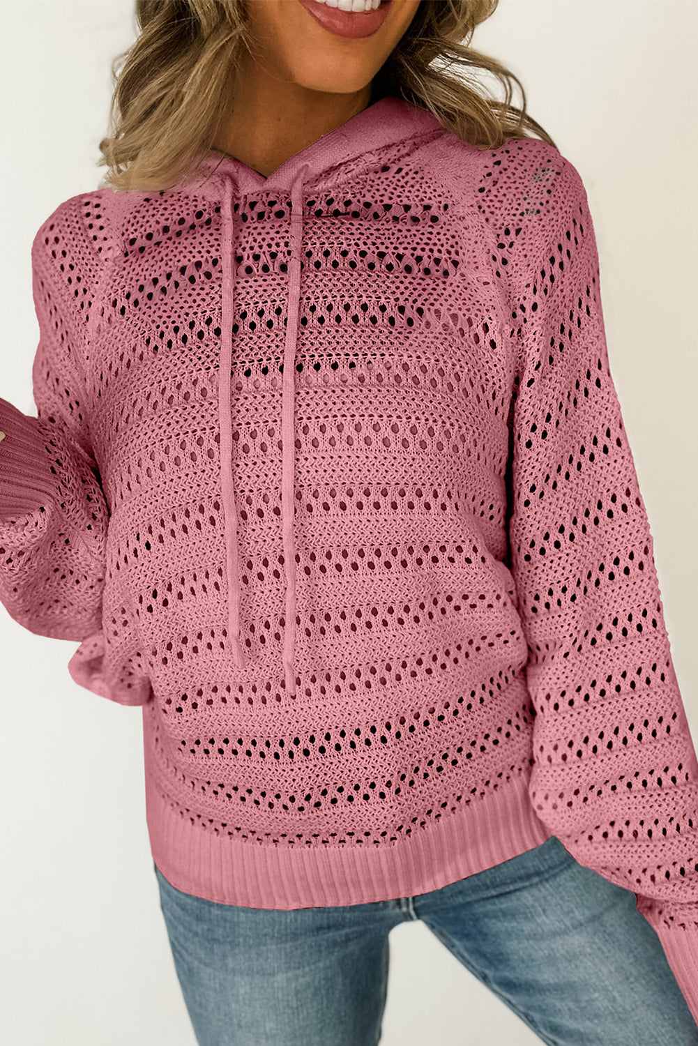 Mauve Pointelle Knit Raglan Sleeve Hooded Sweater
