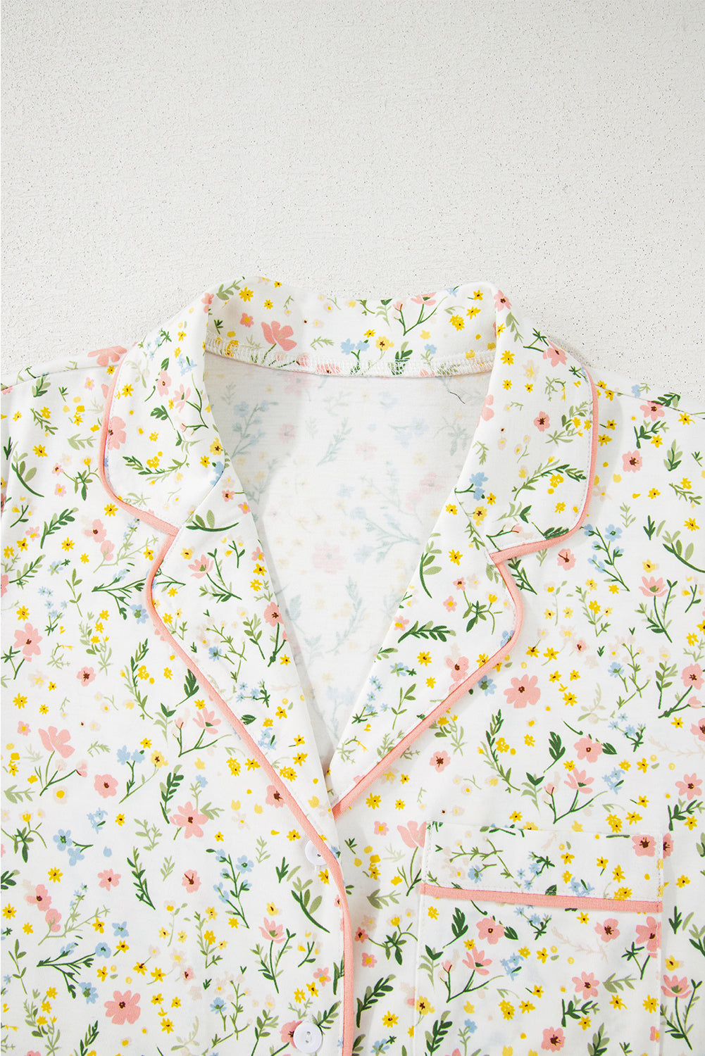 White Spring Floral Pink Contrast Button Up Top and Shorts Pajama Lounge Set