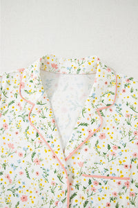 White Spring Floral Pink Contrast Button Up Top and Shorts Pajama Lounge Set