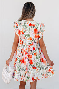 Orange Floral V-Neck High Waist Ruffle Cap Mini Dress