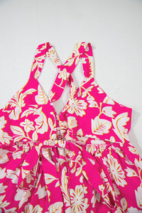 Bright Pink Floral V-Neck Crisscross Open Back Maxi Dress