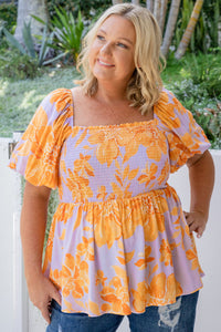 Purple and Orange Floral Puff Sleeve Square Neck Smocked Plus Size Babydoll Blouse