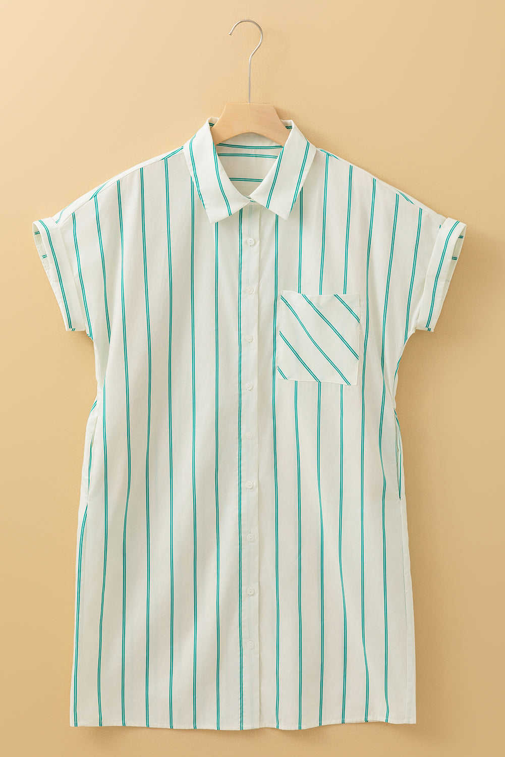 Teal Green Striped Dolman Short Sleeve Loose Mini Shirt Dress