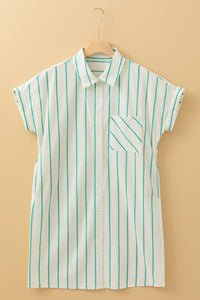 Teal Green Striped Dolman Short Sleeve Loose Mini Shirt Dress