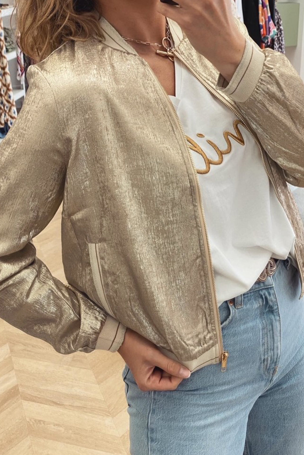 Khaki Metallic Zip Up Baseball Jacket