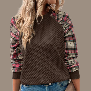 Dark Brown Quilted Crewneck Sweatshirt with Plaid Raglan Sleeves