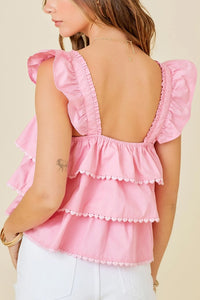 Pink Tiered Heart Trim Square Neck Flutter Sleeve Tank