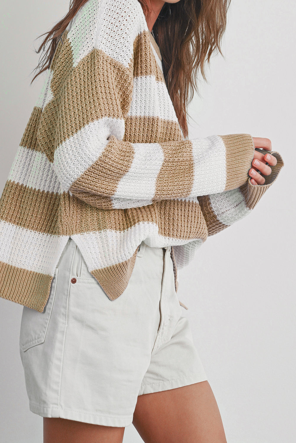 Light Beige Striped Drop Shoulder Side Slit Cable Knit Sweater
