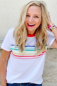 White Rainbow Stripe Graphic Red Trim Crew Neck T-Shirt