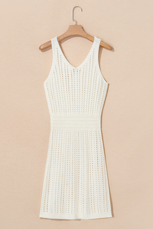 White Open Knit Crochet V-Neck Beach Tank Dress
