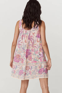 Pink Floral Scoop Neck Fringed Tie Sleeveless Mini Dress