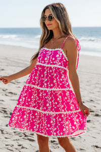 Bright Pink Floral Scalloped Trim Tiered Mini Dress