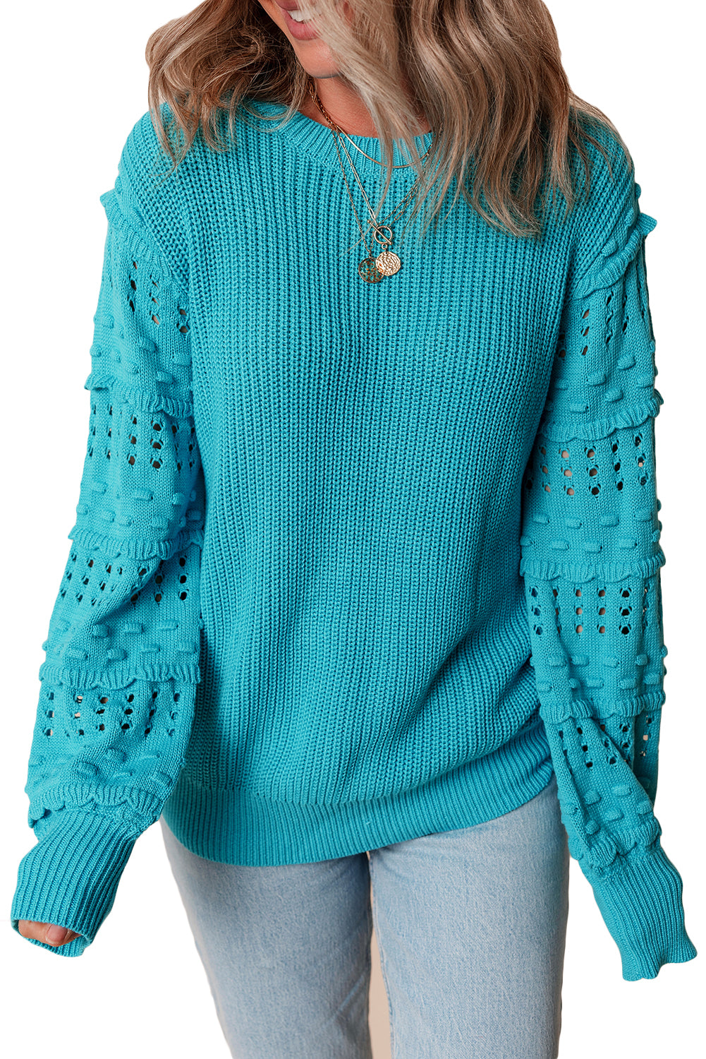 Turquoise Eyelet Bubble Sleeve Knit Sweater