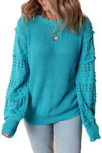 Turquoise Eyelet Bubble Sleeve Knit Sweater